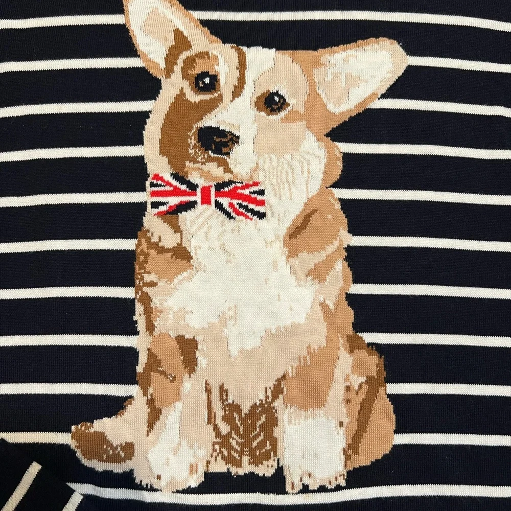 Talbots Navy Striped CORGI Dog Sweater - Size Small